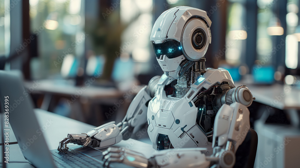 Futuristic robot working on a laptop in a modern office environment, showcasing advanced artificial intelligence and technology. Futuristic robot working on a laptop in a modern office environment, showcasing advanced artificial intelligence and technology.