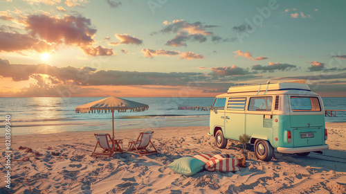Sunset view at the beach with a classic camper van and relaxing