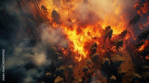 Aerial photography forest fire. Natural disaster. photo