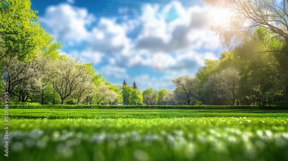Fototapeta premium An expansive view of a lush green meadow under a brilliant blue sky, with the sun shining brightly and a gentle breeze rustling the grass, evoking a sense of peace and natural beauty.