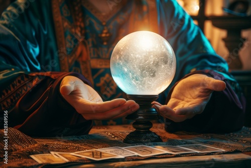 Someone holding a crystal ball in their hands on a table, fortune teller concept  photo