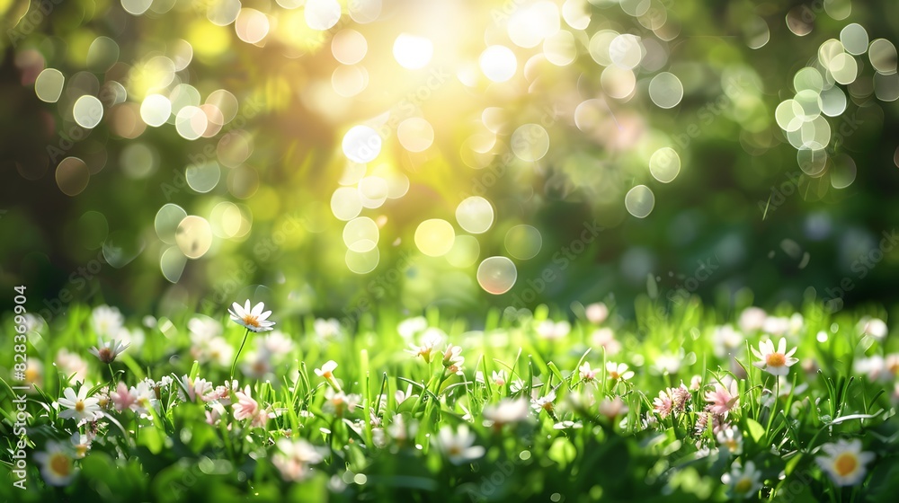 A fresh spring sunny garden background of green grass and blurred foliage bokeh A fresh spring sunny garden background of green grass and blurred foliage bokeh
