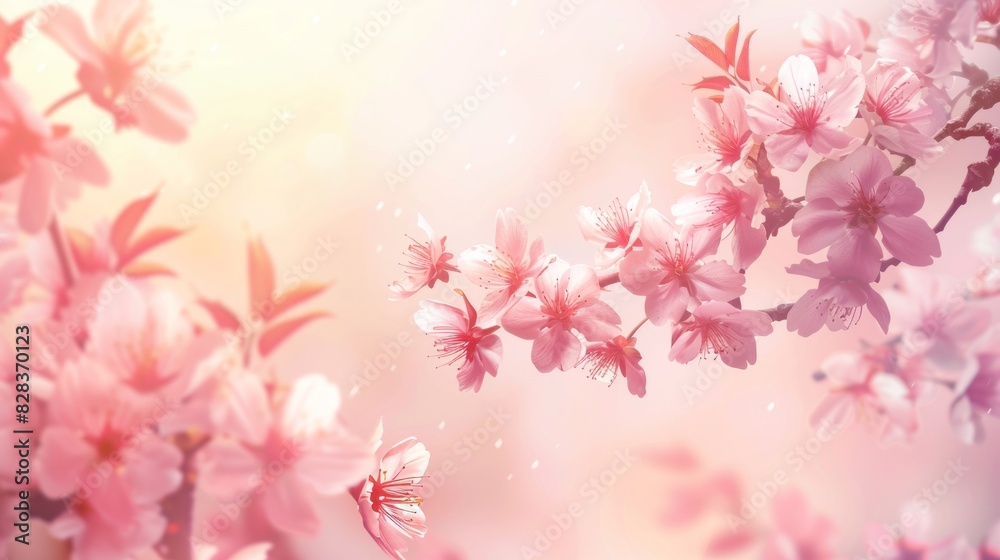 Horizontal banner with sakura flowers of pink color on sunny backdrop. Beautiful nature spring background with a branch of blooming sakura. Sakura blossoming season in Japan 