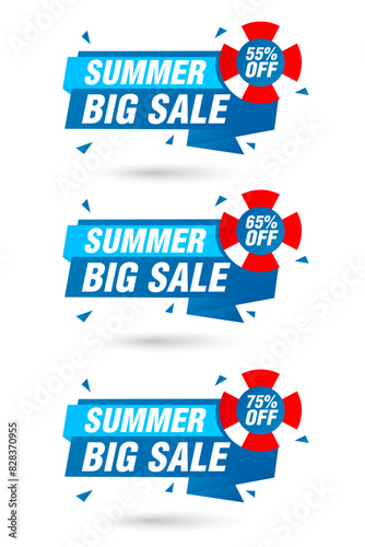 Big summer sale, blue origami labels set. Sale 55%, 65%, 75% off discount
