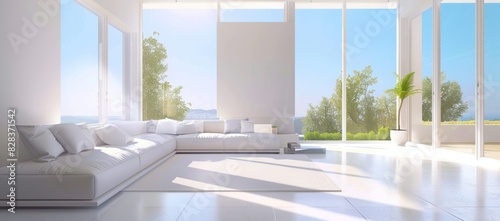 Minimalist living room in white color with a stylish white sofa, large windows showcasing a summer landscape, and an airy ambiance