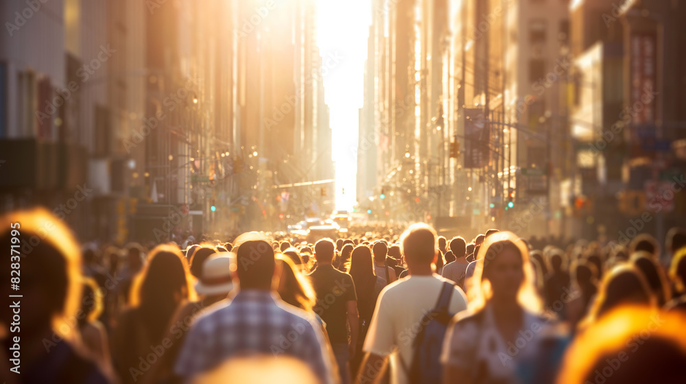 A bustling city street crowded with people at sunset, warm light bathing the scene, and tall buildings as the background, embodying the concept of urban life. Generative AI A bustling city street crowded with people at sunset, warm light bathing the scene, and tall buildings as the background, embodying the concept of urban life. Generative AI
