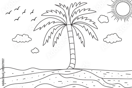 Summer sunset tropical beach line art vector illustration, hand drawn sunset and sunrise outline landscape tropical beach, palm tree with sunset waves Nature view, Kids drawing Beach coloring pages