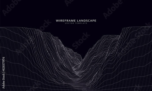 Wireframe landscape. Futuristic 3d mesh background. Digital hills technology. Vector illustration.