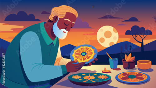 As the sun sets outside an elderly man hunches over his worktable carefully painting intricate designs on a set of plates that he plans to give to his family for the holidays.. Vector illustration