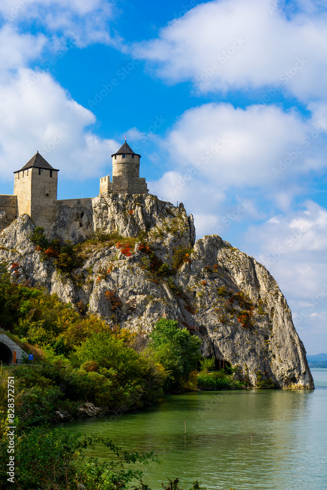 Stunning Golubac fortress overlooking Danube river in Serbia on a sunny day