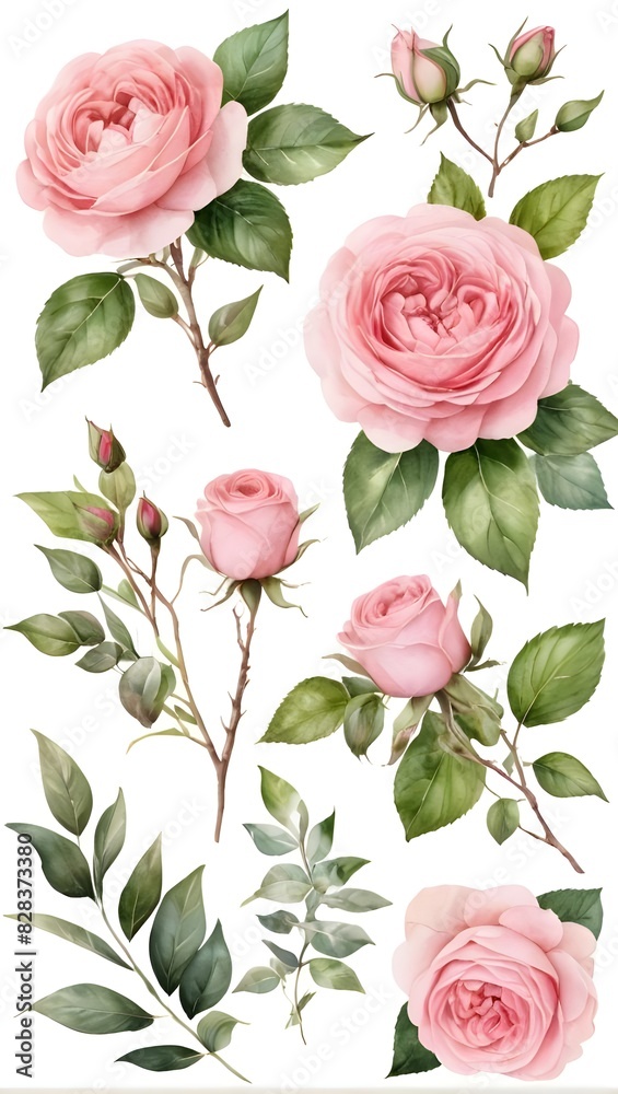 Water colour pink roses on white Background generative Ai 