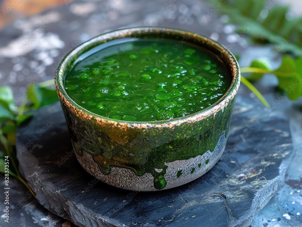 Healthy drinks, Close up of a bowl of green, viscous liquid, possibly a herbal drink or broth. Healthy drinks, Close up of a bowl of green, viscous liquid, possibly a herbal drink or broth.