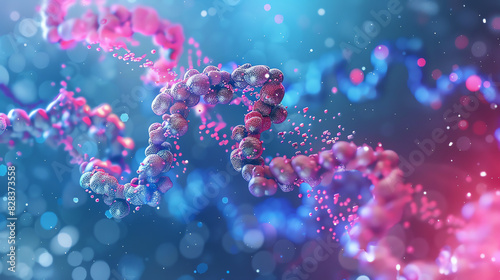A pink and blue double helix representing DNA, on a blue background with sparkles.