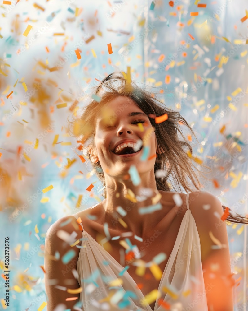 woman celebrating and confetti woman celebrating and confetti