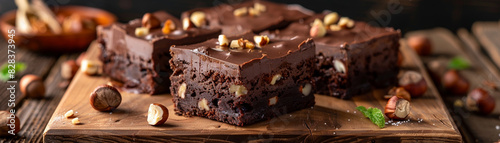Delicious chocolate brownies with nuts, perfectly arranged on a wooden board, Banner.