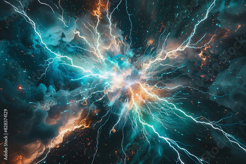 Star-spangled backdrop with a vivid aqua and coral lightning explosion.