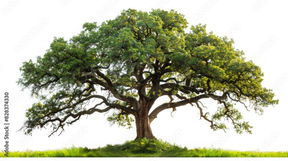 Fototapeta premium A majestic oak tree with sprawling branches and lush green leaves, standing alone with no background