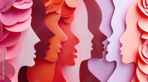 Women s Day celebration with creatively designed colorful paper letters and silhouettes of female profiles in pink and red colors