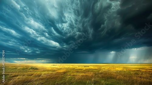 A dramatic stormy sky over a vast grassy field. Rain pours down, illuminating the landscape with beams of light.