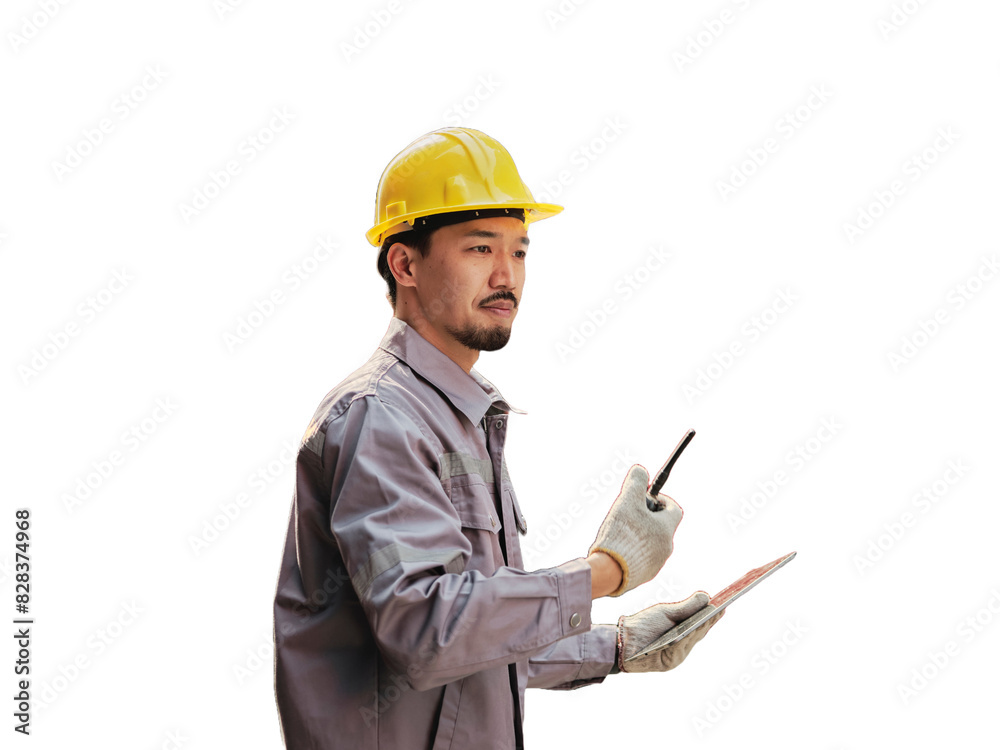 Asian worker using walkie talkie communicate with container team