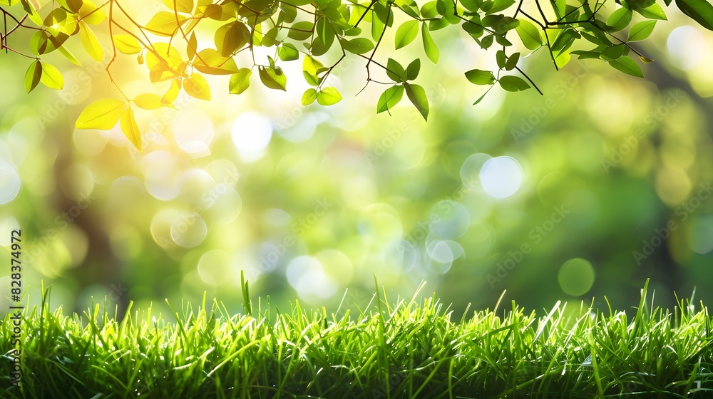 A fresh spring sunny garden background of green grass and blurred foliage bokeh A fresh spring sunny garden background of green grass and blurred foliage bokeh