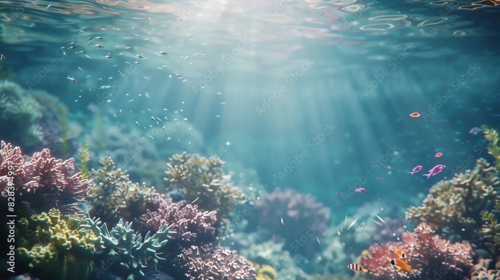 Fototapeta premium Sunbeams illuminate a vibrant underwater scene of colorful coral reef and fish.