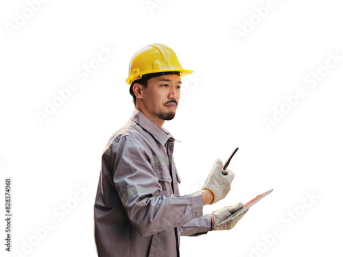 Obraz na płótnie Asian worker using walkie talkie communicate with container team w salonie