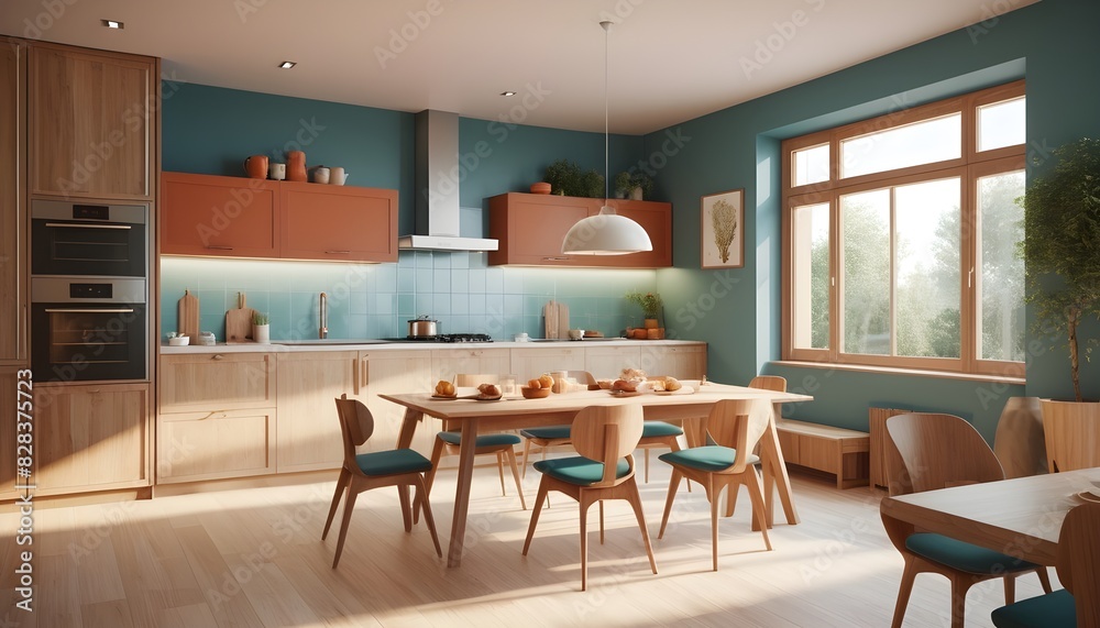 Modern light kitchen interior with dining area near window, wooden concept, 3d rendering Modern light kitchen interior with dining area near window, wooden concept, 3d rendering