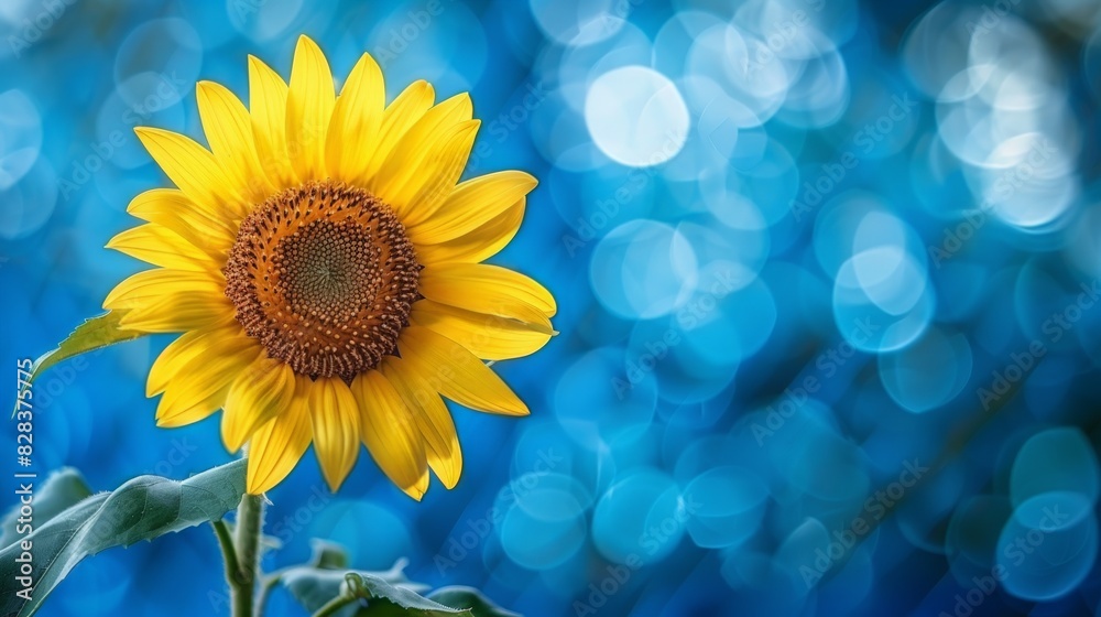 Naklejka premium Bright Sunflower With Blue Bucket Background