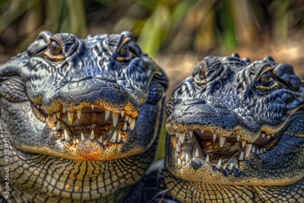 Close up image of two alligators showing their teeth. Suitable for wildlife and nature themes Close up image of two alligators showing their teeth. Suitable for wildlife and nature themes