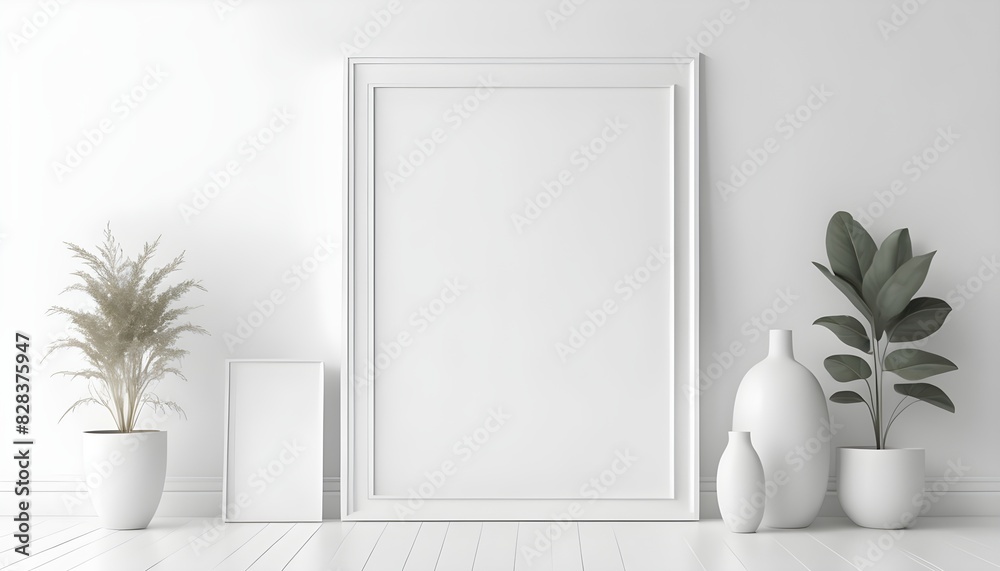 Mock up frame in white home interior background, bright room with minimal decor, 3d render Mock up frame in white home interior background, bright room with minimal decor, 3d render