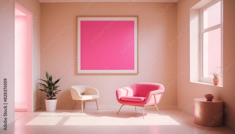 Mockup poster frame in modern interior, beige room with pink chair Mockup poster frame in modern interior, beige room with pink chair