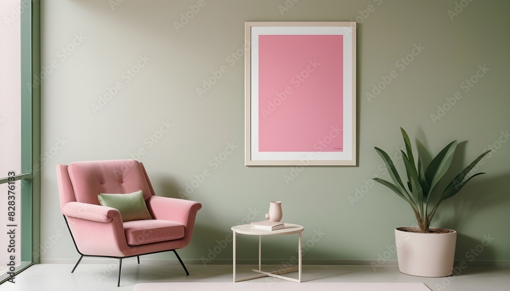 Mockup poster frame in modern interior, beige room with pink chair Mockup poster frame in modern interior, beige room with pink chair
