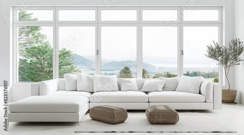 Minimalist living room in white color with a white couch, large bay windows overlooking a picturesque summer landscape, and simple accents