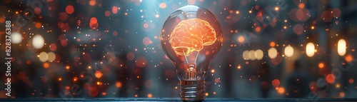 Innovative light bulb with brain symbolizing creativity and ideas, surrounded by bokeh lights in a blurred background. photo