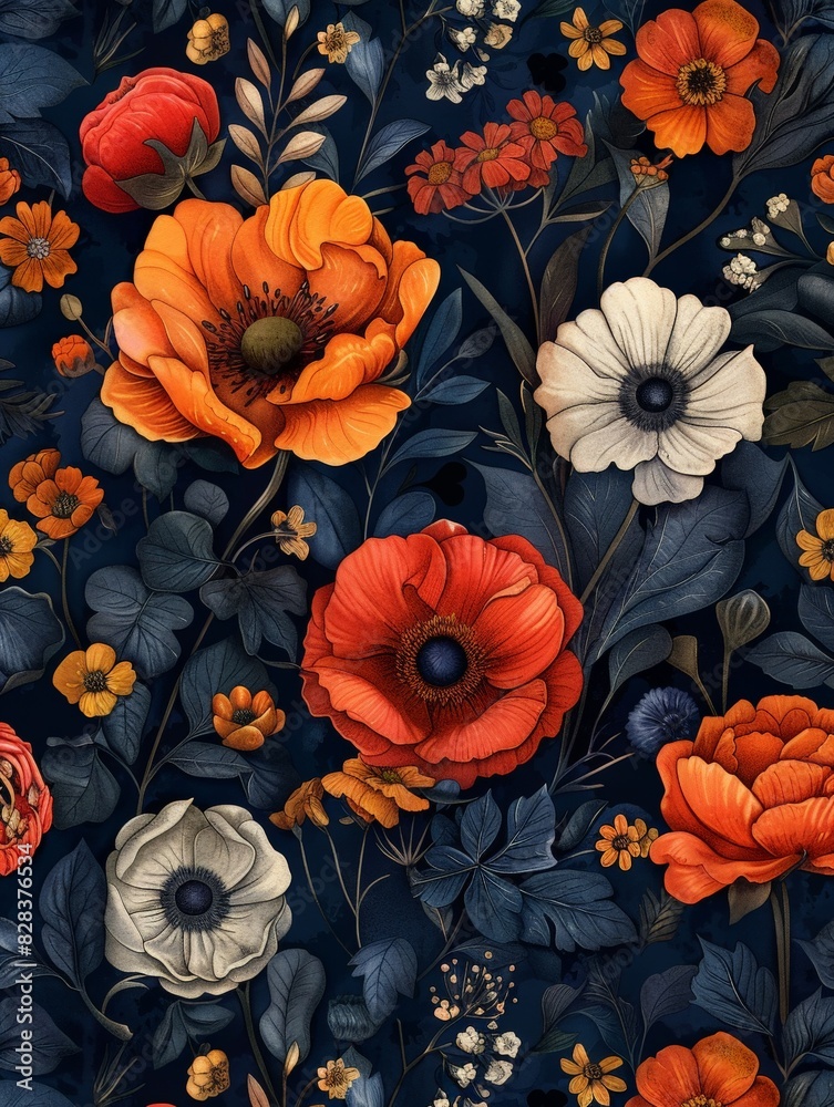 Blue Background With Orange and White Flowers Blue Background With Orange and White Flowers
