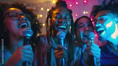 A group of people singing into a microphone, ideal for music or karaoke concepts