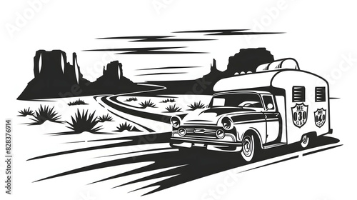 black silhouette of a camping car, roadtrip on route 66 illustration icon vector for logo, isolated on white background