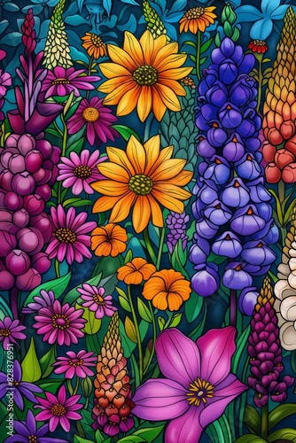 Colorful Flowers Painting in Field
