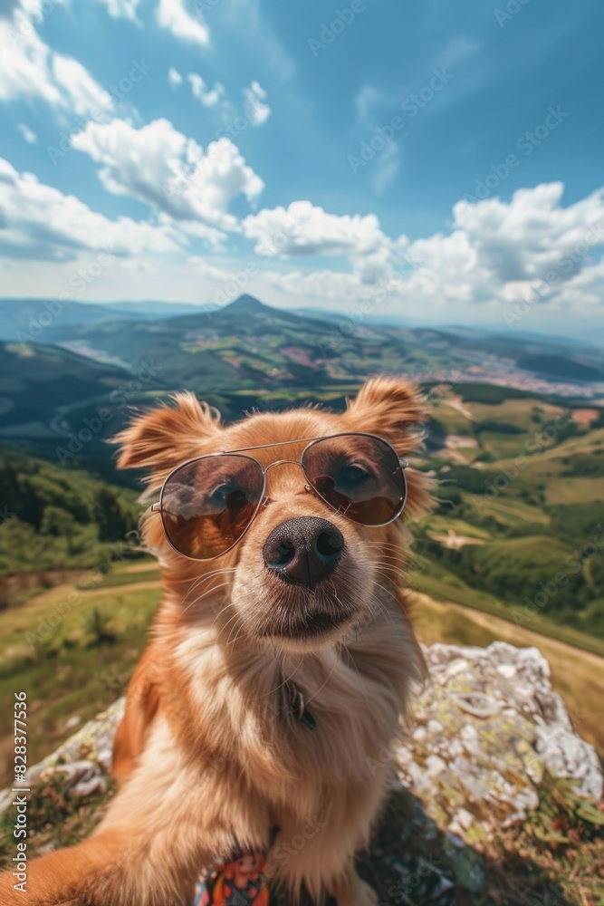 Obraz premium A cool dog wearing sunglasses on a mountain peak. Perfect for outdoor and adventure themes