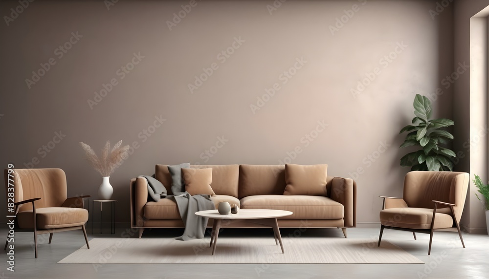 Bright living room interior with gray plaster wall, brown stylish sofa and beige armchair, 3d render
