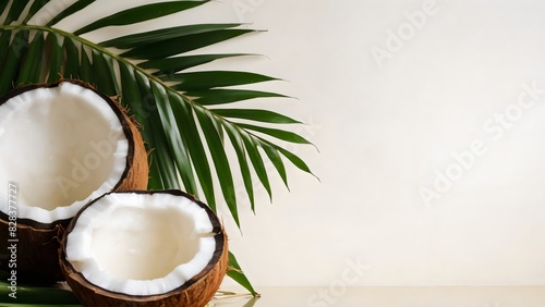 Coconut with palm leaves on white background with copy space, Summer background, summer poster