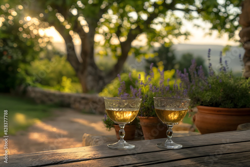 Two glasses of French pastis drink on a table outdoors in a garden in Provence on a sunny summer evening photo