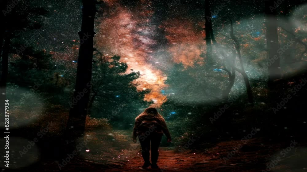 The pedestrian journey in the middle of the forest is accompanied by the beauty of sparkling lights and space in the sky at night, making the atmosphere even more dramatic The pedestrian journey in the middle of the forest is accompanied by the beauty of sparkling lights and space in the sky at night, making the atmosphere even more dramatic