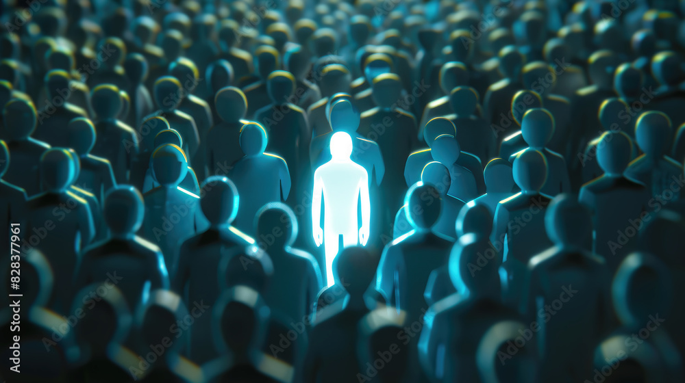Fototapeta premium Glowing figure standing out in a crowd. Leadership and thought leader business concept.