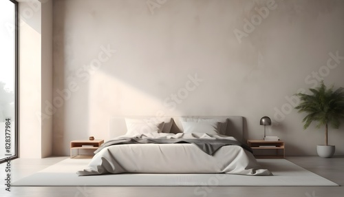 Minimalist bedroom interior design with bed and empty plaster wall, 3d render © Eyeam