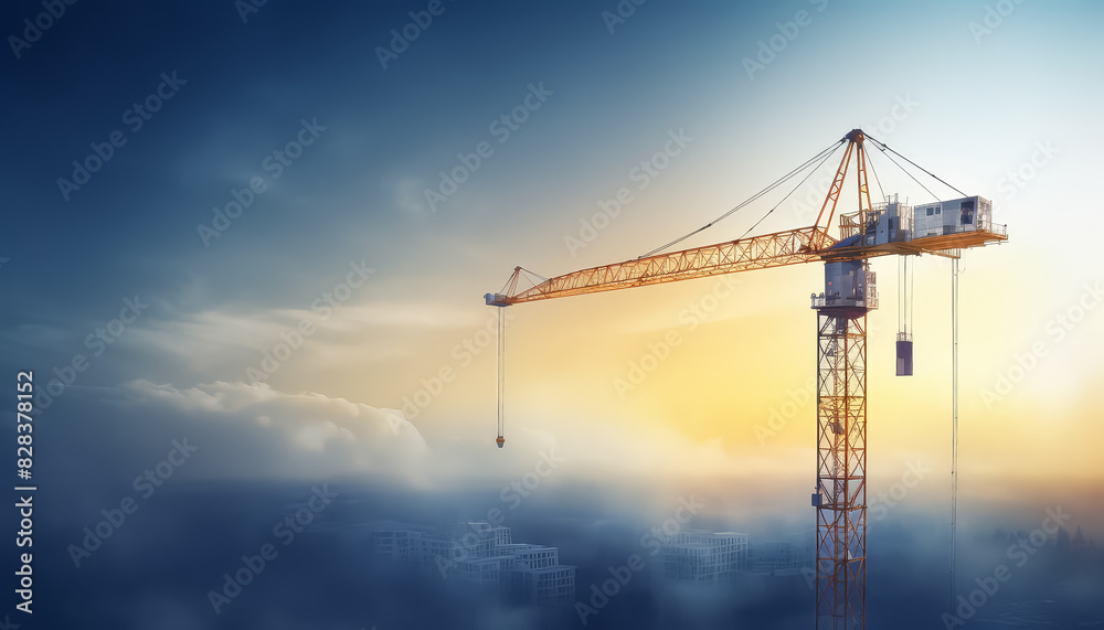 Lifting construction crane at construction site on the background of the sky and building under construction