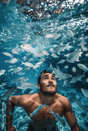 A man swimming in the ocean surrounded by fish. Suitable for aquatic themed designs