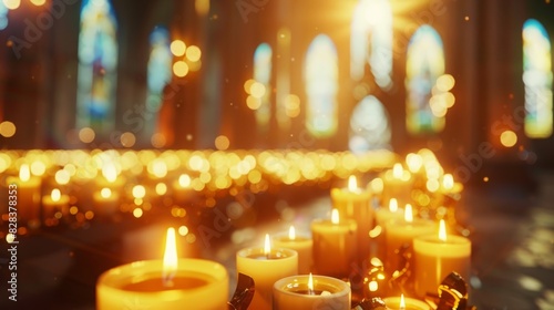 Candle Lights Burning Inside Church for Spiritual Symbol of Faithful Hope Ceremony - Illuminated Candles Background