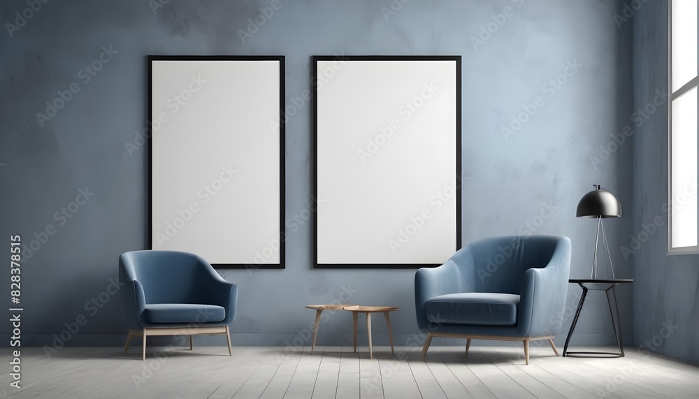 Big poster frame mockup in minimalistic interior with blue armchair and gray plaster wall, 3d render Big poster frame mockup in minimalistic interior with blue armchair and gray plaster wall, 3d render